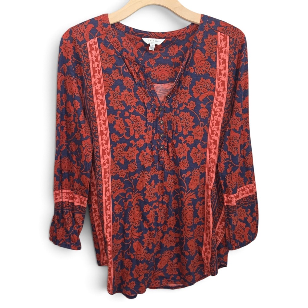 Lucky Brand Top Womens Medium M Blue Red Floral Henley Blouse Boho Long Sleeve